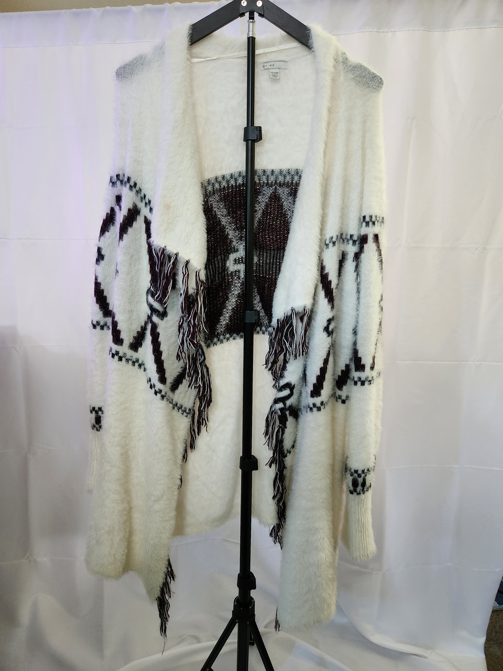 Cato's White Aztec Fringe Open-Front Cardigan